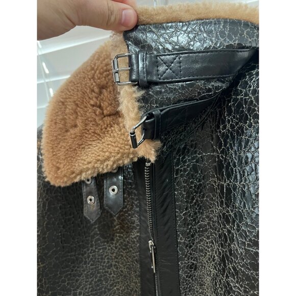 HUGO BOSS Mens Black Textured Leather Shearling Collar Aviator Jacket NWT - Picture 5 of 12